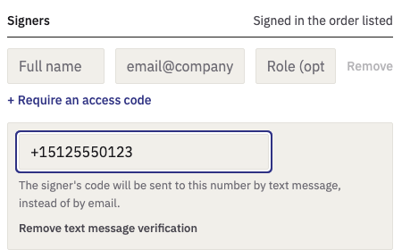 The BeforeJD signing composer, showing a recipient row with 'Verify by text message' enabled and a mobile number entered, and the notice that the signer's code will be sent to this number by text message, instead of by email.